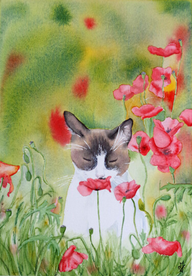 Peinture intitulée "Petit chat aux coqu…" par Emilie Denis, Œuvre d'art originale, Aquarelle