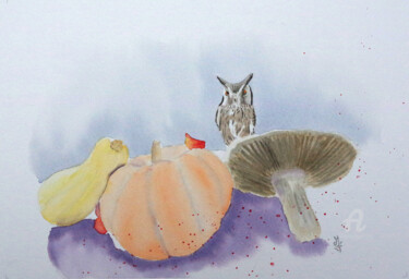 Painting titled "Chouette l'Automne !" by Emilie Denis, Original Artwork, Watercolor