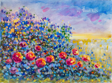 Картина под названием "Rosebush at sunset" - Денис Филип, Подлинное произведение искусства, Акварель