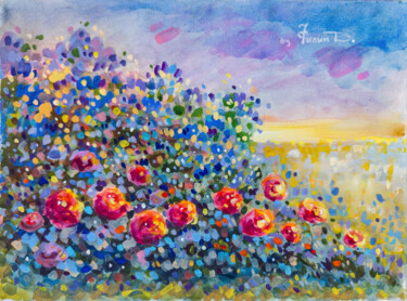 Painting titled "Rosebush at sunset" by Denis Filip, Original Artwork, Watercolor