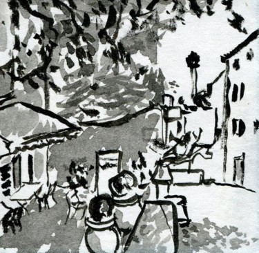 Dessin intitulée "Devant la terrasse…" par Denis Demouge, Œuvre d'art originale