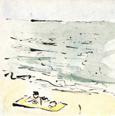 Dessin intitulée "Plage et serviette" par Denis Demouge, Œuvre d'art originale