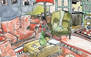 Dessin intitulée "Le salon aux pivoin…" par Denis Demouge, Œuvre d'art originale