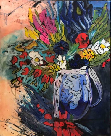 Ζωγραφική με τίτλο "Bouquet au vase bleu" από Denise Grisi, Αυθεντικά έργα τέχνης, Ακρυλικό Τοποθετήθηκε στο Ξύλινο φορείο σ…