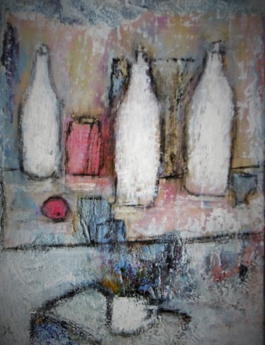 Peinture intitulée "trois bouteilles bl…" par Denise Louin-Lecoeur, Œuvre d'art originale, Acrylique
