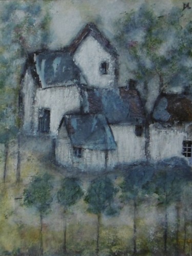 Peinture intitulée "hameau bleu" par Denise Louin-Lecoeur, Œuvre d'art originale, Acrylique