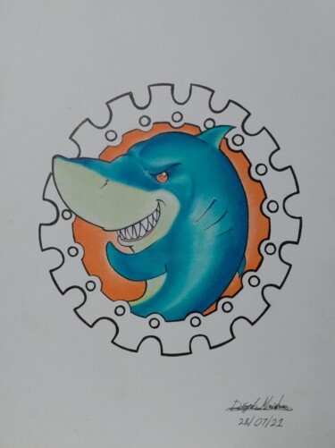 "Blue shark" başlıklı Resim Déryck Maindron tarafından, Orijinal sanat, Kalem