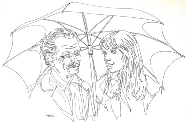Tekening getiteld "Le parapluie" door Pierre Fabry, Origineel Kunstwerk, Inkt