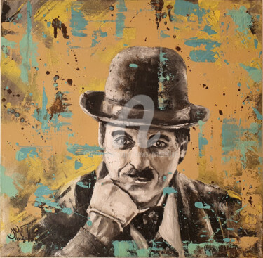 Painting titled "Charlie Chaplin" by Devis Ponzellini, Original Artwork, Oil Mounted on Wood Stretcher frame