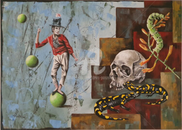 Painting titled "Still life in balan…" by Devis Ponzellini, Original Artwork, Oil Mounted on Wood Stretcher frame