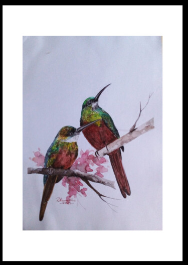 Painting titled "Graceful Perches" by Dhamitha Rasangee, Original Artwork, Watercolor Mounted on Glass