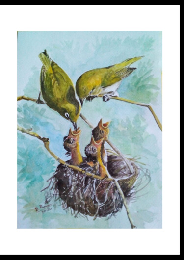 Painting titled "Feeding in Nest" by Dhamitha Rasangee, Original Artwork, Watercolor Mounted on Glass