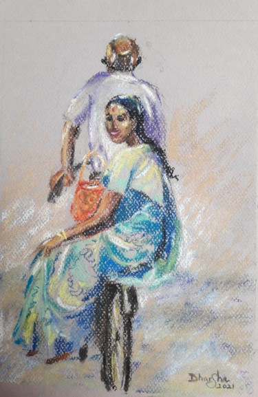 Schilderij getiteld "Pillion Rider" door Dharsha Samarasinha, Origineel Kunstwerk, Pastel