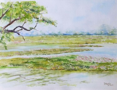 Картина под названием "Lake covered with w…" - Dharsha Samarasinha, Подлинное произведение искусства, Акварель