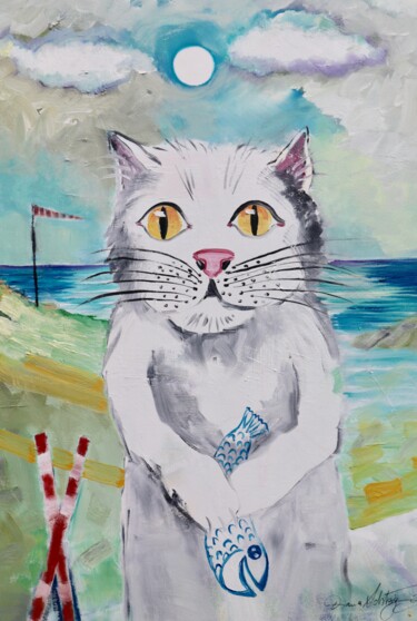 Painting titled "Weißer Kater vor de…" by Diana Achtzig, Original Artwork, Oil