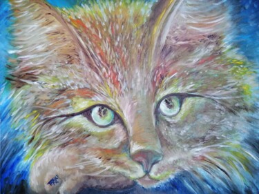 Painting titled "Colorful Hair Cat O…" by Diana Dimova - Traxi, Original Artwork, Oil Mounted on Wood Stretcher frame