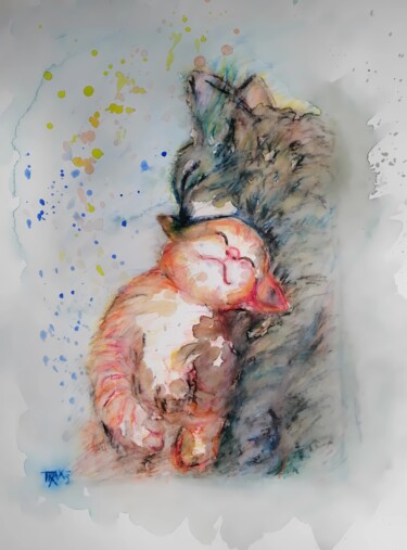 Schilderij getiteld "A Little Kitten wit…" door Diana Dimova - Traxi, Origineel Kunstwerk, Aquarel