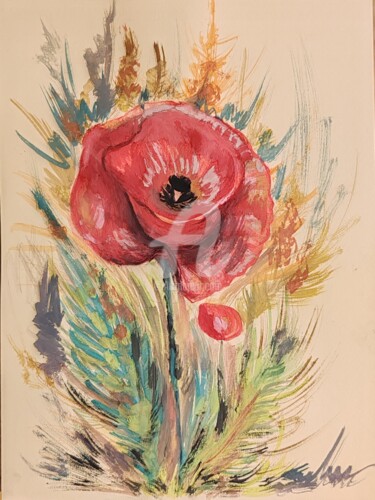 Schilderij getiteld "Poppy and wheat" door Diana Editoiu, Origineel Kunstwerk, Aquarel