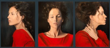 Ζωγραφική με τίτλο "Woman in red, tript…" από Diana Fuchs, Αυθεντικά έργα τέχνης, Λάδι Τοποθετήθηκε στο Ξύλινο φορείο σκελετό