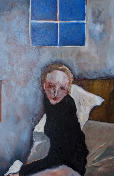 Malerei mit dem Titel "Frau mit Tonvogel" von Diana Knepper, Original-Kunstwerk, Öl Auf Holzplatte montiert
