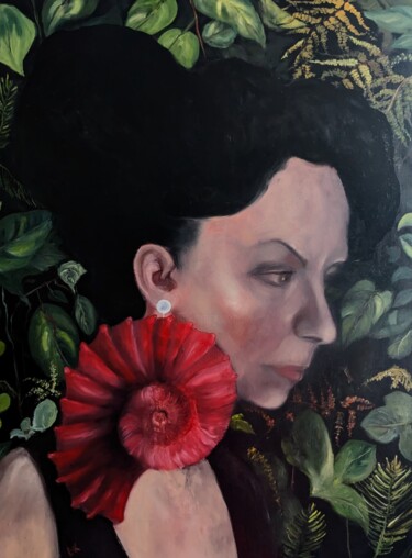 Schilderij getiteld "Frau mit Muschel Oh…" door Diana Knepper, Origineel Kunstwerk, Olie Gemonteerd op Houten paneel