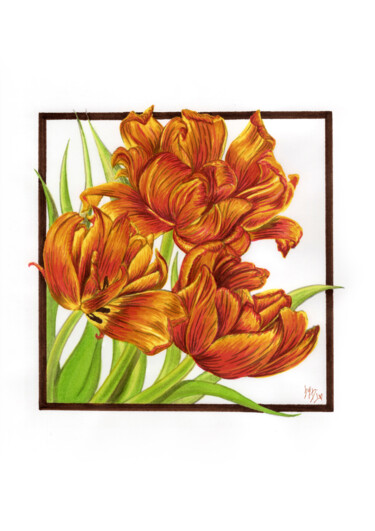 Tekening getiteld "Fiery Tulips" door Diana Rode, Origineel Kunstwerk, Marker