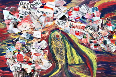 「Passions of a Fish」というタイトルのコラージュ Diana Ringoによって, オリジナルのアートワーク, グワッシュ水彩画
