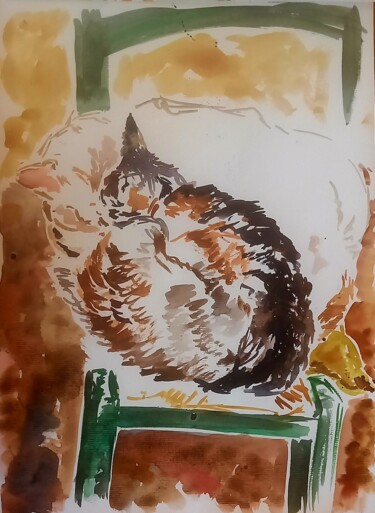 Pittura intitolato "Chats d'hiver" da Diane Medus, Opera d'arte originale, Acquarello