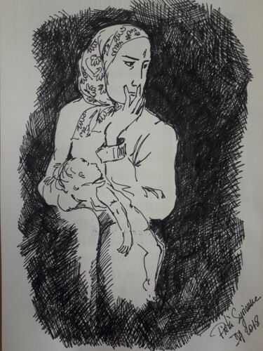 Drawing titled "La piétà syrienne" by Diane Medus, Original Artwork, Ink