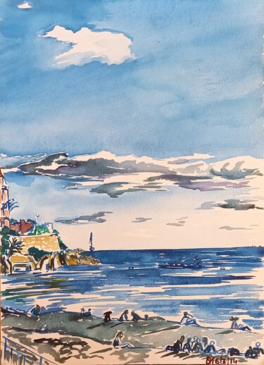 Peinture intitulée "Vue de la plage du…" par Diane Medus, Œuvre d'art originale, Aquarelle
