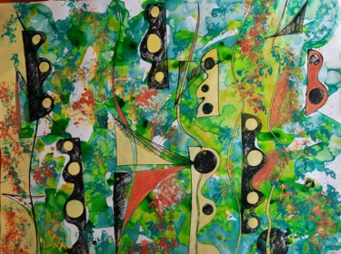 Peinture intitulée "Vert, rouge et jaun…" par Diane Medus, Œuvre d'art originale, Encre