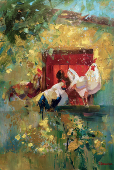 Pintura titulada "Morning roosters" por Tatyana Bashtannik (Tatyana Dianova), Obra de arte original, Oleo
