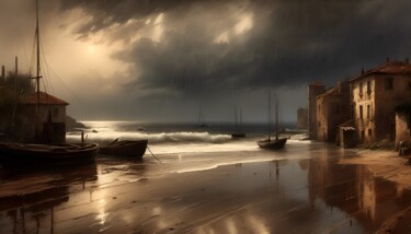 Arte digitale intitolato "A Rainy Coast" da Didier Pistol, Opera d'arte originale, Immagine generata dall'IA