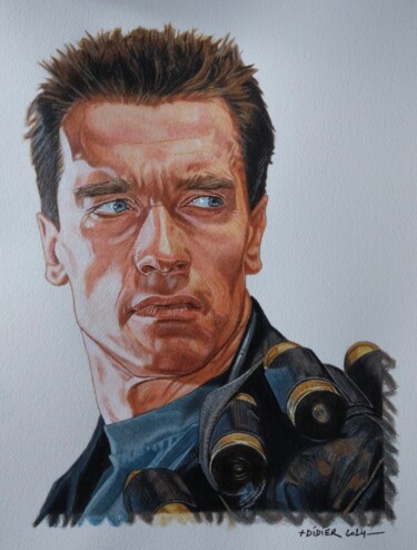 Painting titled "Terminator 2 -Arnol…" by Didier Plouviez, Original Artwork, Watercolor