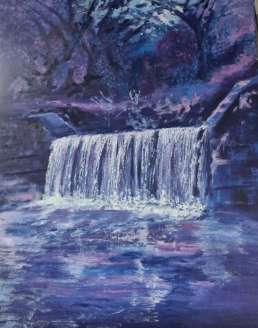 Painting titled "La Cascata di Arteg…" by Didy, Original Artwork, Oil Mounted on Wood Stretcher frame