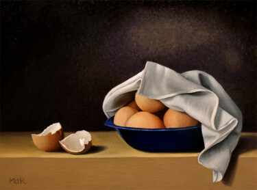 Malerei mit dem Titel "Blue Bowl And Eggs" von Dietrich Moravec, Original-Kunstwerk, Öl
