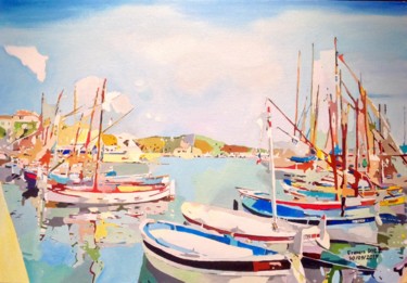 Painting titled ""Port de Sanary sur…" by Francis Diez, Original Artwork, Oil Mounted on Cardboard