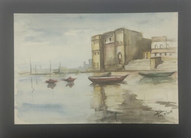 Painting titled "Harbor Serenity" by Dilan Thameera Samarathunga, Original Artwork, Watercolor Mounted on Glass