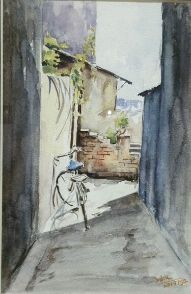 Painting titled "A Bicycle Journey" by Dilan Thameera Samarathunga, Original Artwork, Watercolor Mounted on Glass