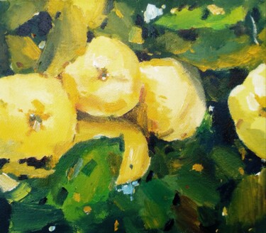 Malarstwo zatytułowany „Juicy quince fruit” autorstwa Dilshod Khudayorov, Oryginalna praca, Olej Zamontowany na Drewniana ra…