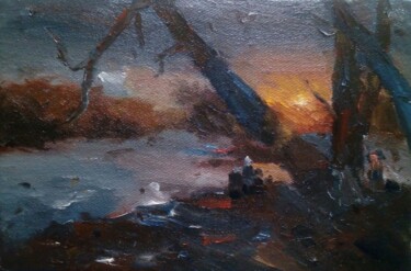 Painting titled "Sunrise again" by Dilshod Khudayorov, Original Artwork, Oil Mounted on Wood Stretcher frame