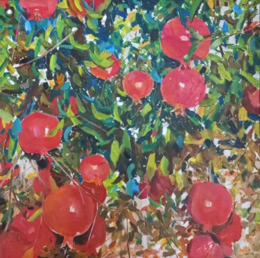 Painting titled "Red pomegranate" by Dilshod Khudayorov, Original Artwork, Oil Mounted on Wood Stretcher frame