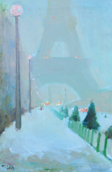 Painting titled "Winter in Paris" by Dilshod Khudayorov, Original Artwork, Oil Mounted on Wood Stretcher frame