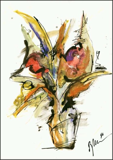 Drawing titled "Orange-red bouquet…" by Dima Dima Vil Ms Wilms (Rok Zivopisec Rock Painter), Original Artwork, Gouache