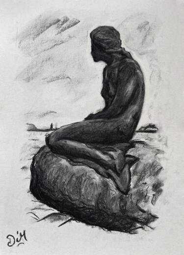 Σχέδιο με τίτλο ""La petite sirène"" από Dimitri Vincent, Αυθεντικά έργα τέχνης, Κάρβουνο