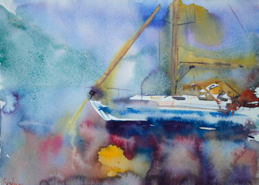 Pintura intitulada "Sunset boat - water…" por Dina Aseeva, Obras de arte originais, Aquarela