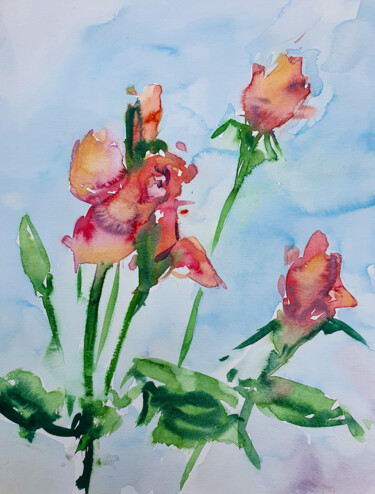 Painting titled "Roses on blue - wat…" by Dina Aseeva, Original Artwork, Watercolor