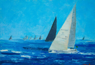 Painting titled "Competitors - sailb…" by Dina Aseeva, Original Artwork, Acrylic Mounted on Wood Stretcher frame