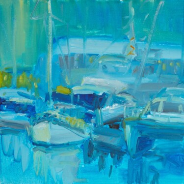 Painting titled "Blue yachts in V&A…" by Dina Aseeva, Original Artwork, Oil Mounted on Wood Stretcher frame
