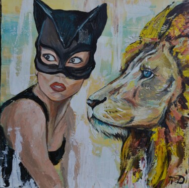 Peinture intitulée "Lion and catwoman" par Dina Telesheva, Œuvre d'art originale, Acrylique Monté sur Châssis en bois